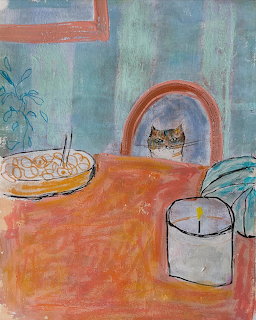 Naive style painting of tabby cat at orange dining table with plates and candle