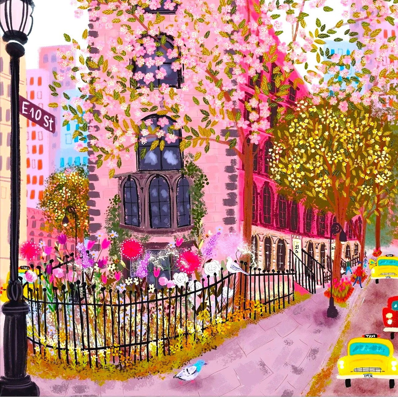 Spring cityscape with pink flowering trees along a fenced brownstone building and yellow taxis on the street