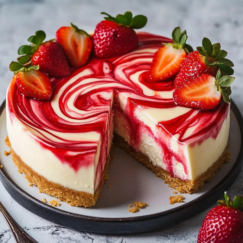 Strawberry cheesecake with red swirl pattern on white surface, topped with fresh strawberries, one slice cut and removed