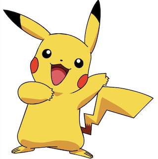 Cartoon Pikachu smiling with raised arms on a white background