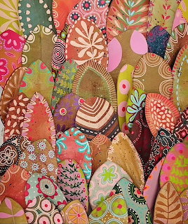 Overlapping decorative leaves with colorful patterns and designs