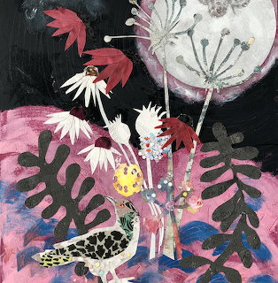Abstract collage with pink flowers, white daisies, and decorative shapes on dark background