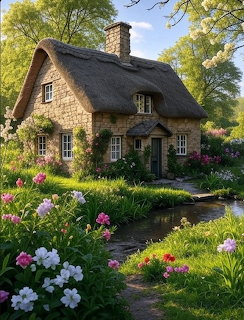 Stone cottage with thatched roof in blooming garden with pathway