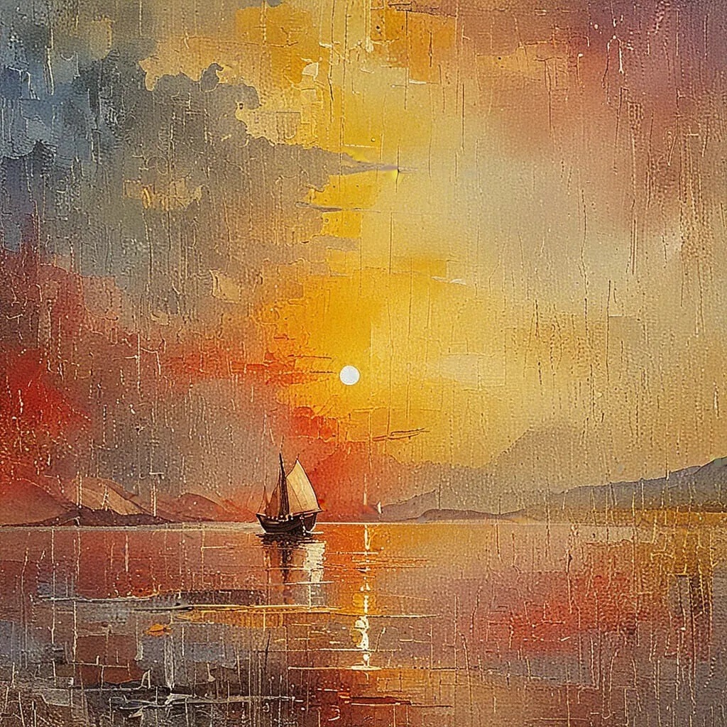 Textured painting of a sailboat on calm water beneath a glowing sunset