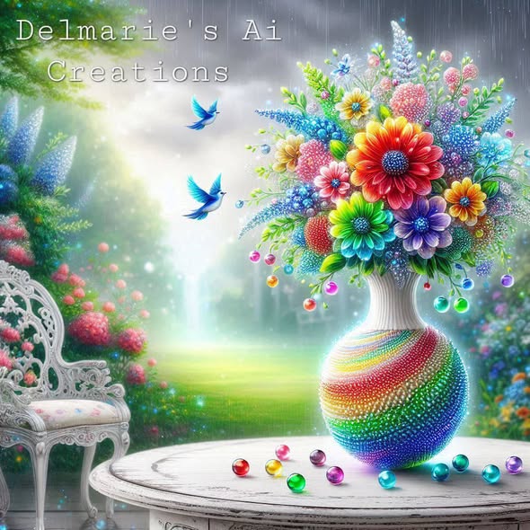 Colorful fantasy flower bouquet in a rainbow vase on a table with blue birds in a dreamy garden