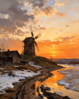 Painting of old wooden windmill on snowy hill at sunset with orange sky and stream reflection