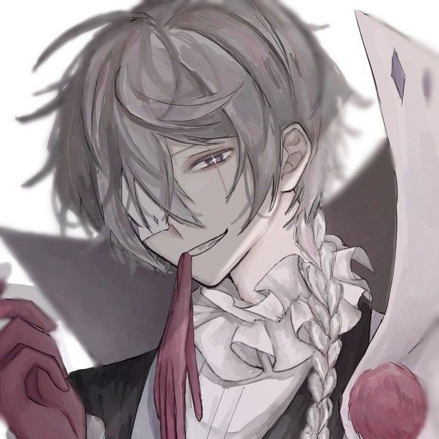 Anime portrait of Nikolai Golgi smiling with braided hair, gloves, and ruffled collar