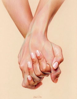 Realistic painting of two hands holding each other with detailed skin and nail rendering