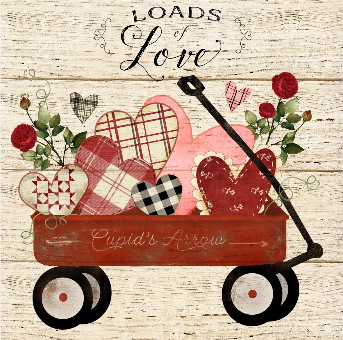 Red wagon with patterned hearts, roses and Valentine decorations on wood background