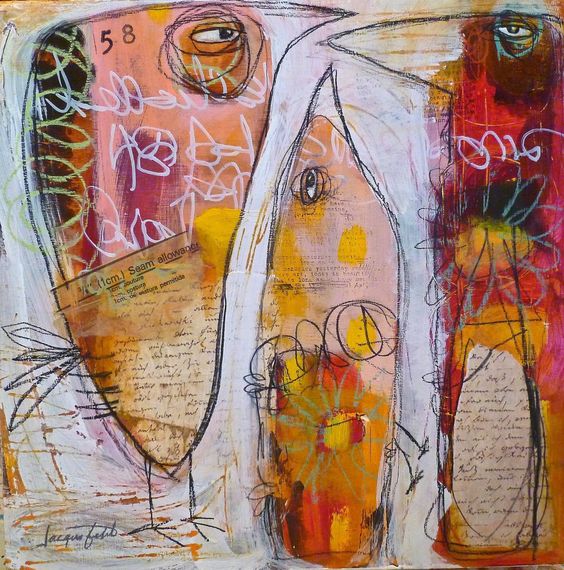 Abstract colorful artwork with stylized bird shapes, mixed media textures, and layered geometric elements