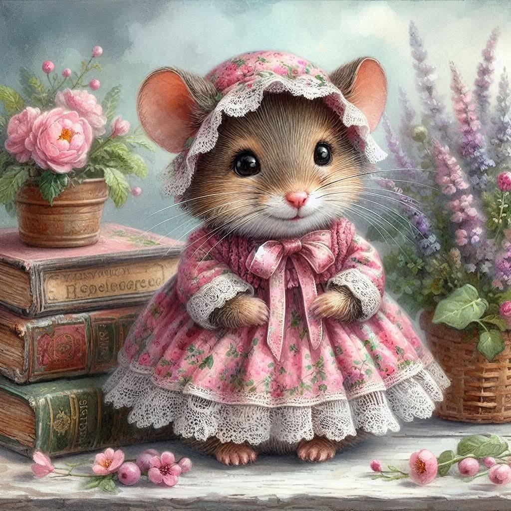 Illustration of a cute mouse in a pink floral dress and lace bonnet surrounded by books and flowers