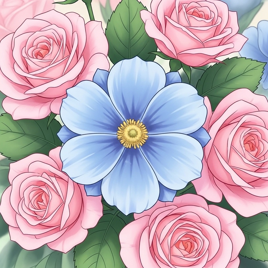 Illustration of pink roses and a large blue flower with green leaves