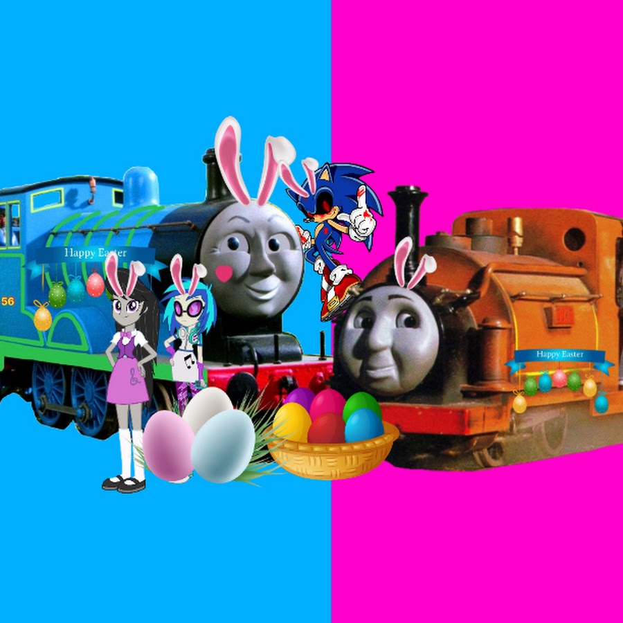 Two cartoon trains wearing bunny ears beside Easter eggs on bright blue and pink backgrounds