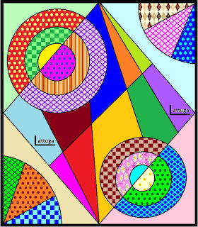 Colorful geometric abstract with concentric circles, triangles, and varied patterns in bright rainbow hues