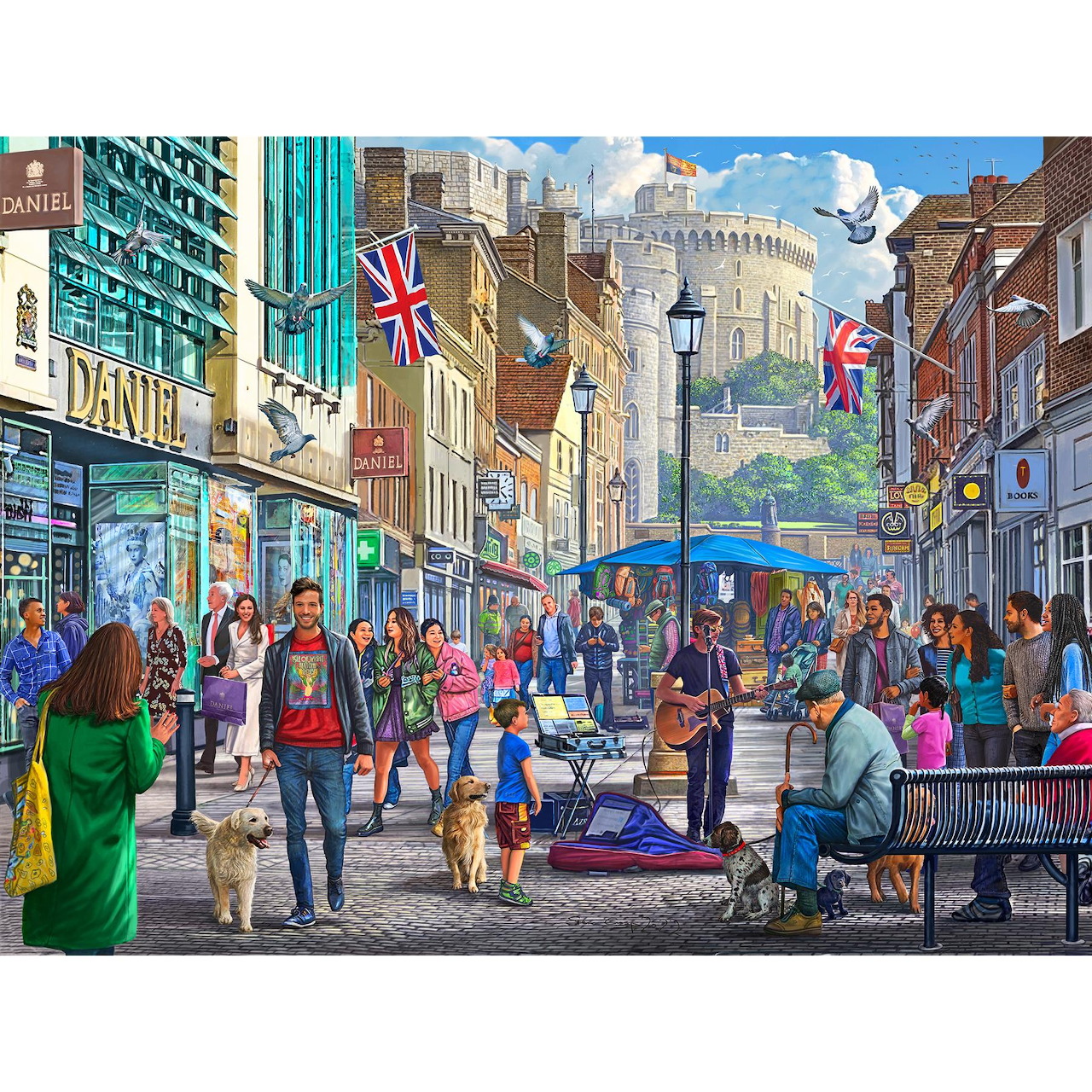 Busy British high street with shops, people walking, flags, and historic buildings