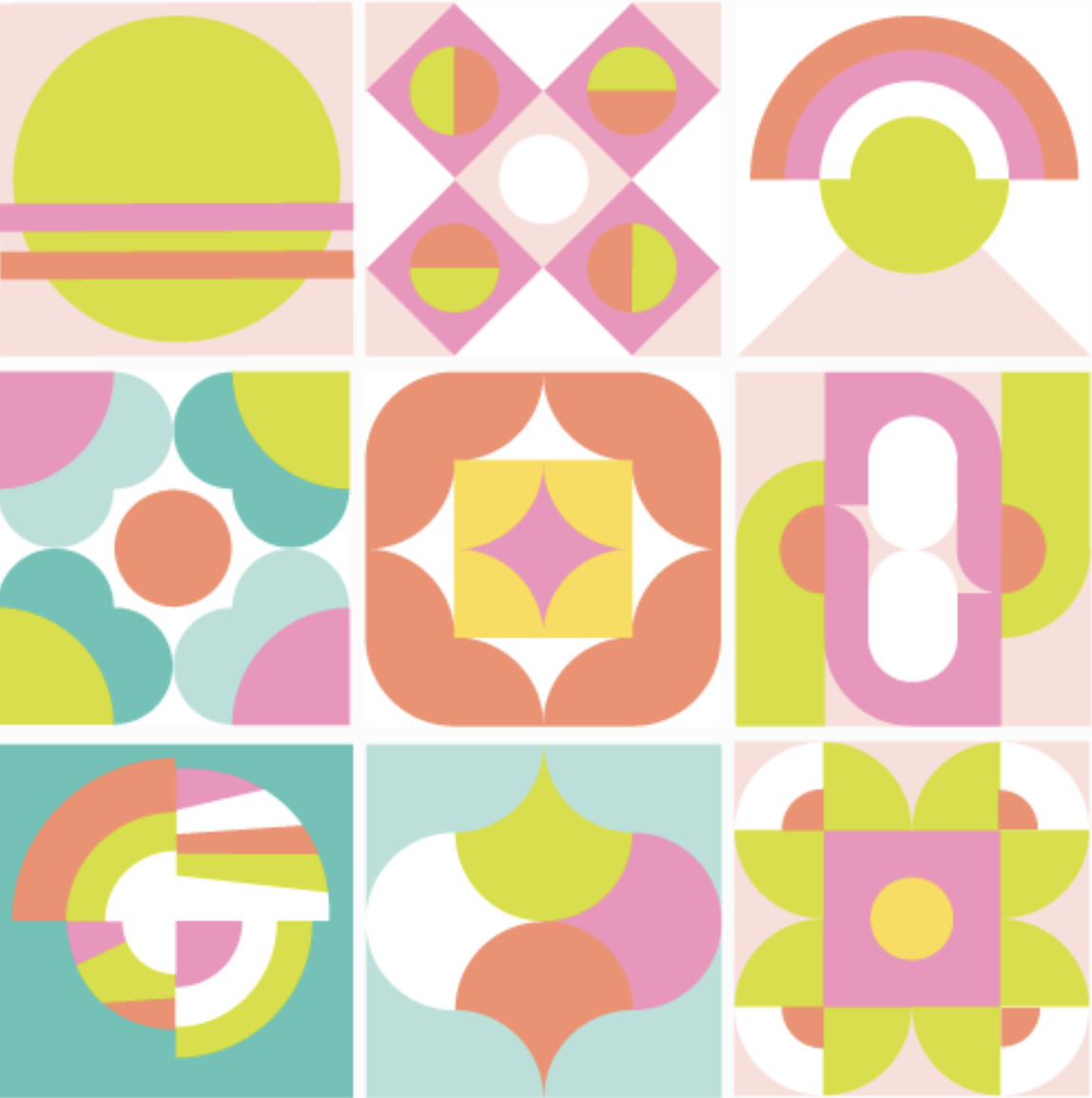 Abstract 3x3 grid of colorful pastel geometric shapes and patterns
