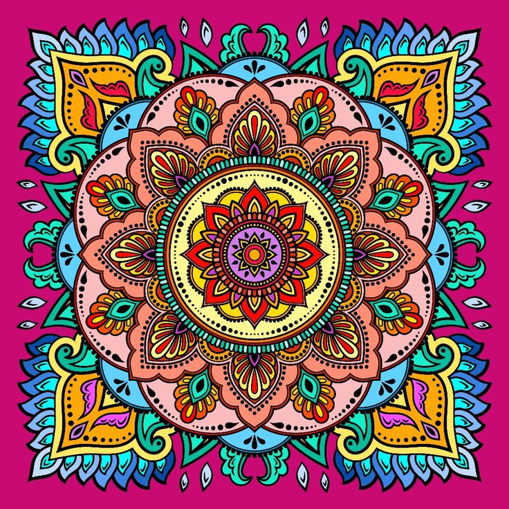 Colorful mandala with symmetrical floral and geometric patterns on pink background