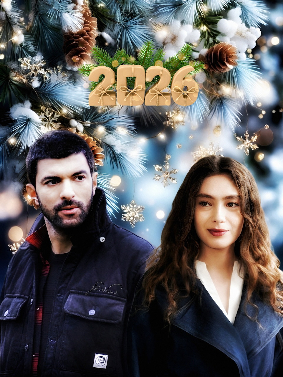 Man and woman under golden 2026 text with pine branches and snowflakes