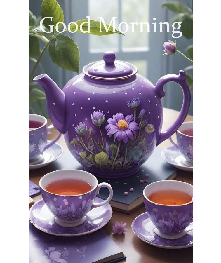 Purple floral teapot with two matching teacups on table