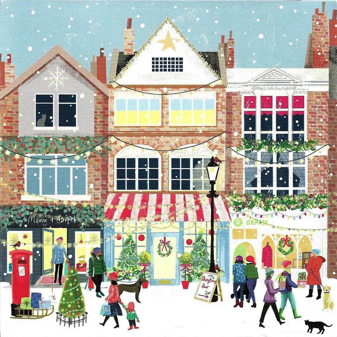 Illustrated snowy Christmas street with decorated shops, people walking, and a small black cat