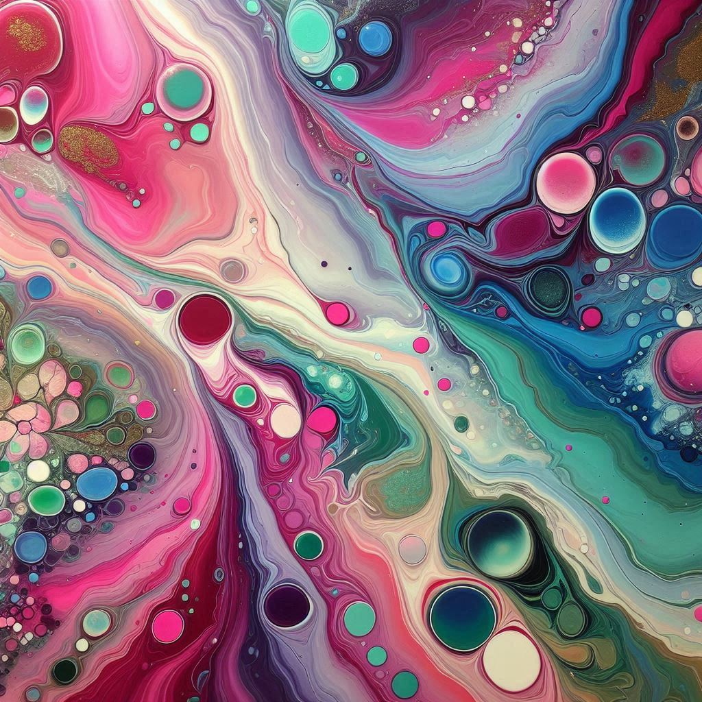 Abstract fluid art with swirling pink, teal, and cream paint flows adorned with colorful circular bubble patterns