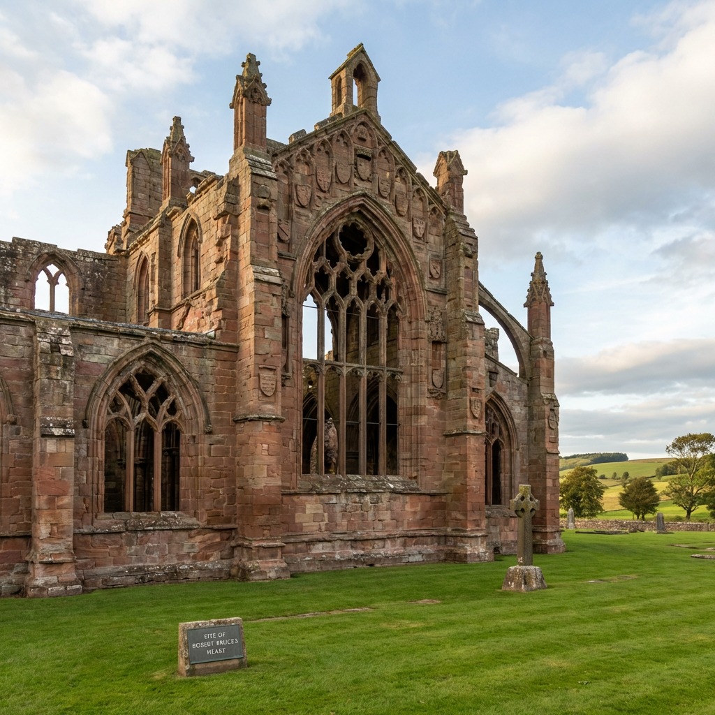 Ruins of Melrose Abbey in Scotland with Gothic stone arches and a green lawn