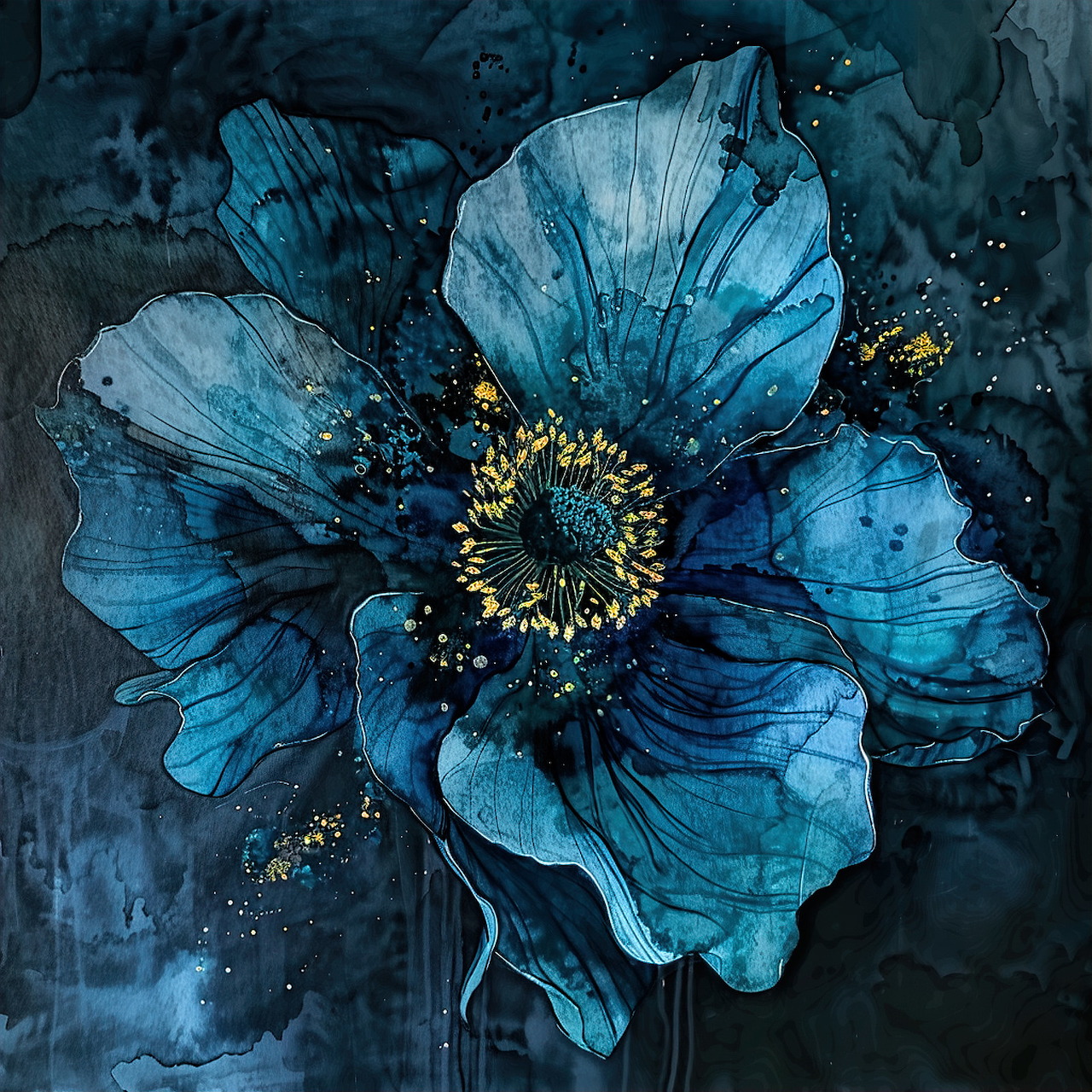 Close-up of a blue poppy flower with translucent petals and golden center on dark teal background