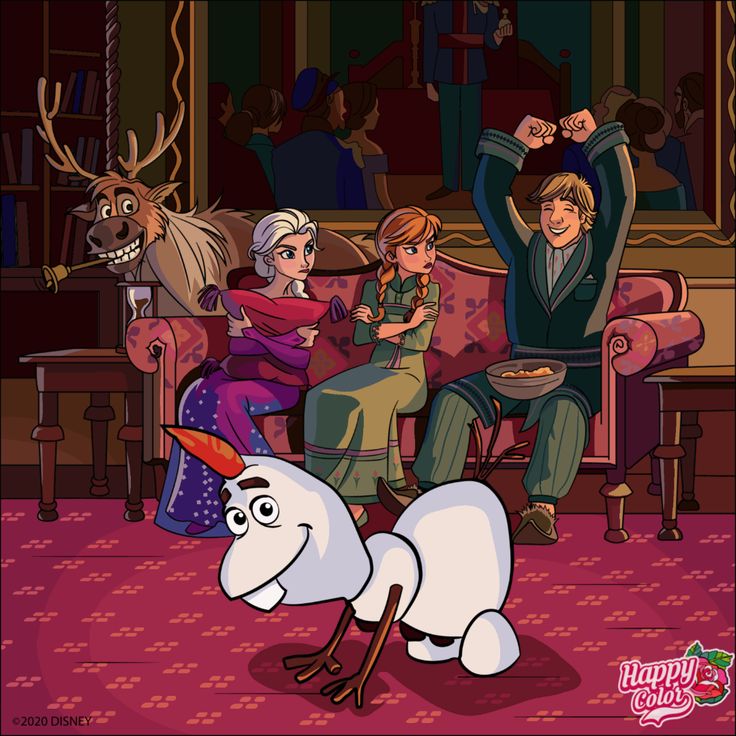Olaf with a party hat in front of Anna, Elsa, Kristoff, and Sven in a living room cartoon scene