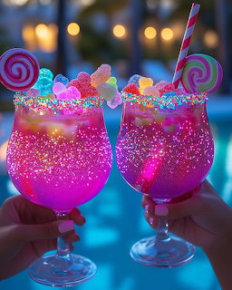 Two pink sparkly cocktails decorated with colorful candy and lollipops