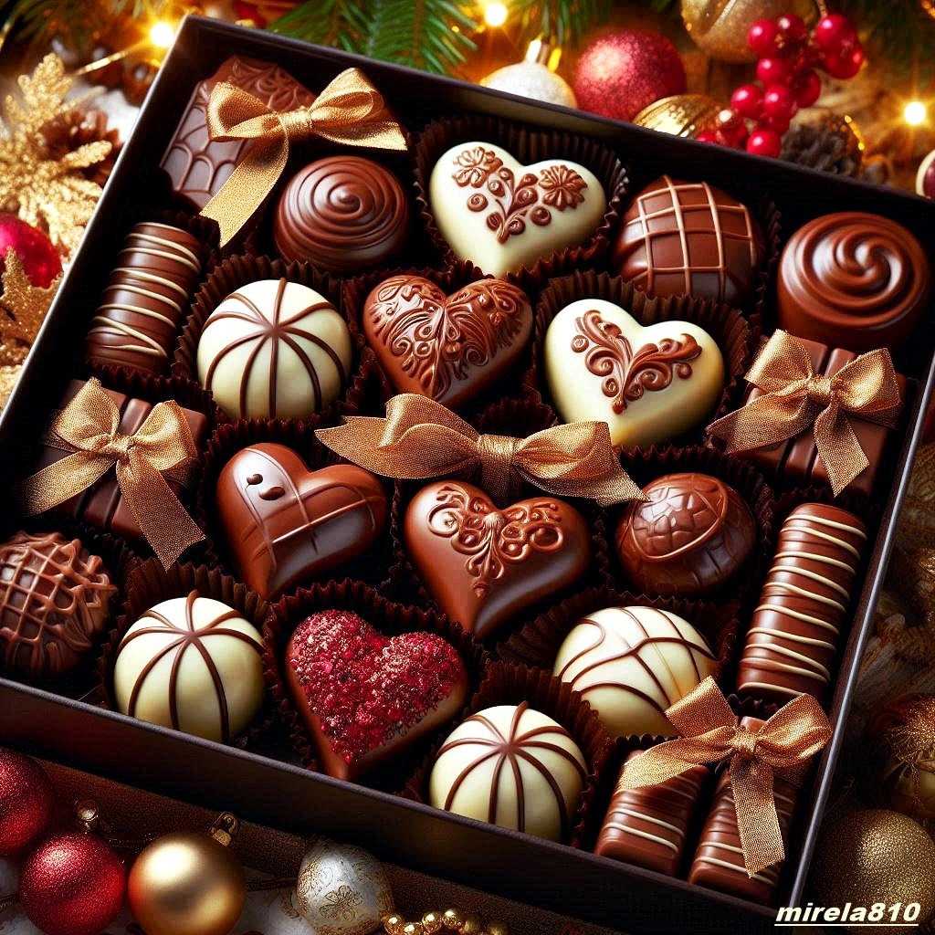 Box of assorted chocolate pralines decorated with bows and festive designs, Christmas ornaments and lights around