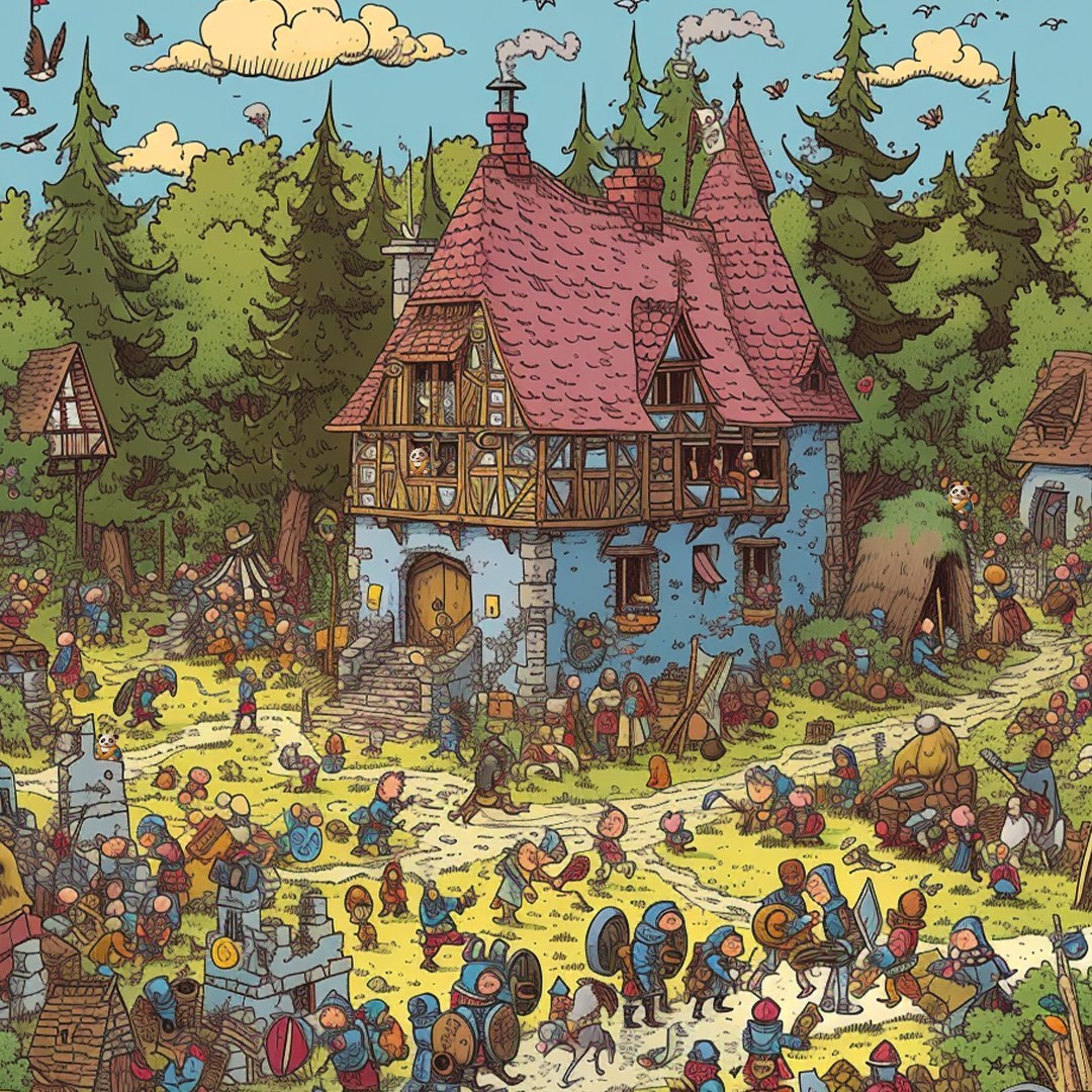 Dense illustration of crowded medieval village with half-timbered houses, forest, and hundreds of tiny characters