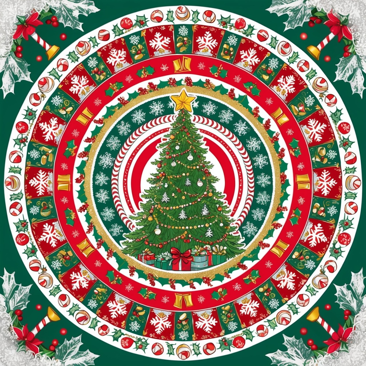 Circular Christmas mandala with decorated tree center and concentric holiday pattern rings in red, green, and gold
