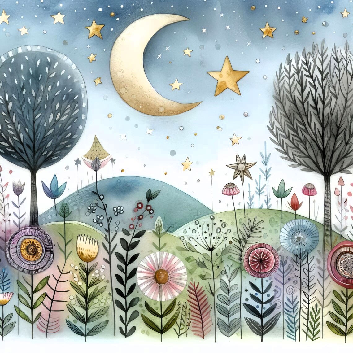 Whimsical art with crescent moon, stars, trees and decorative flowers on gentle hills under blue sky