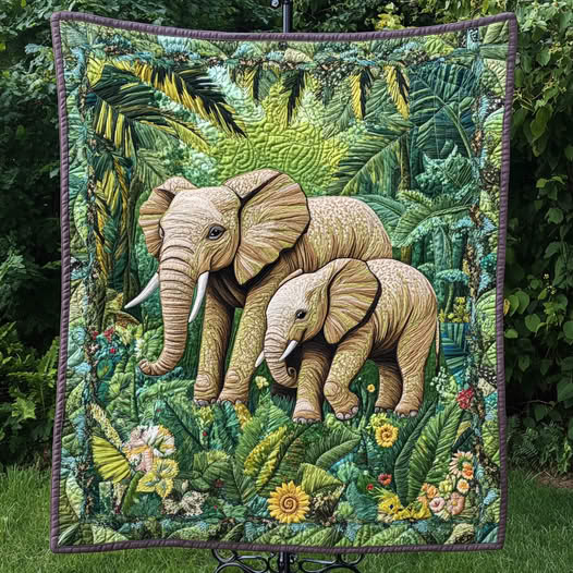 Quilt hanging outdoors featuring two elephants in a lush jungle scene with leaves and flowers