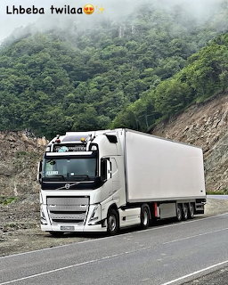 White Volvo semi-truck with trailer on a mountain road near a forested hillside