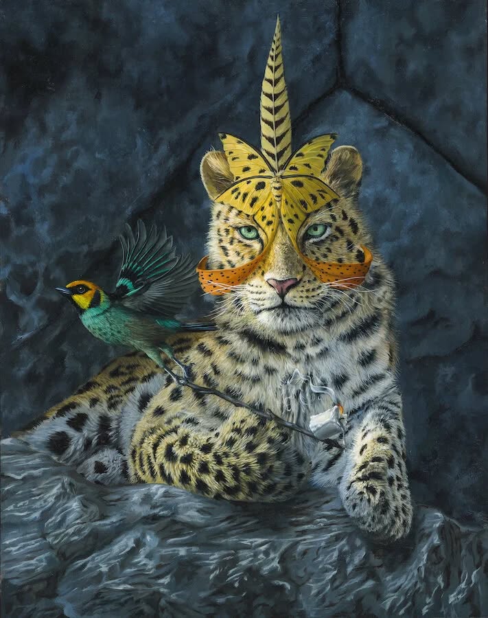 Painting of an Amur leopard with a yellow butterfly on its face and a colorful bird beside it on dark rocks