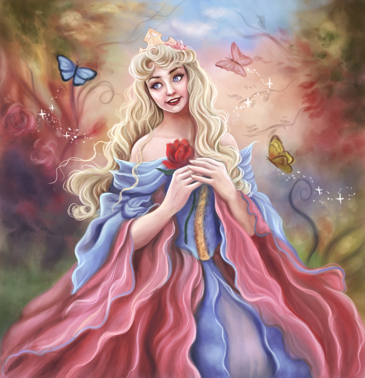 Fantasy princess with long blonde hair holding a red rose, surrounded by butterflies
