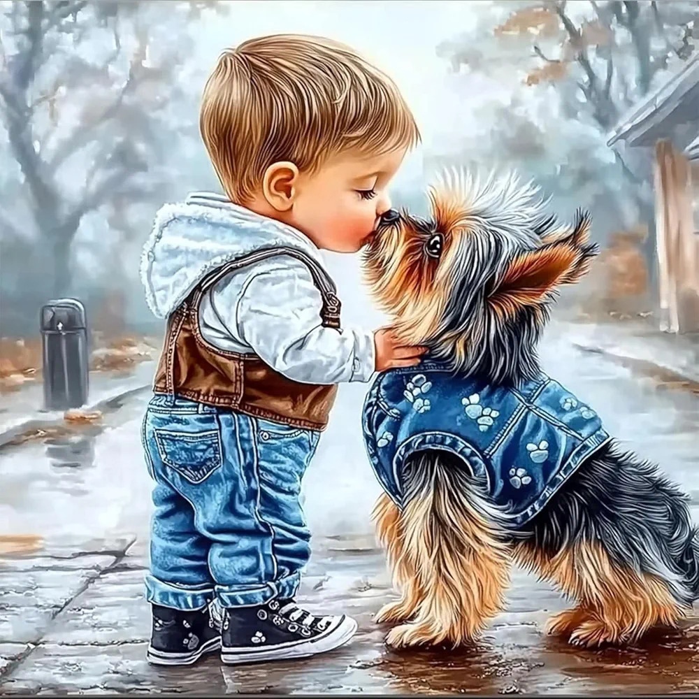 Boy and Dog Winter Kiss
