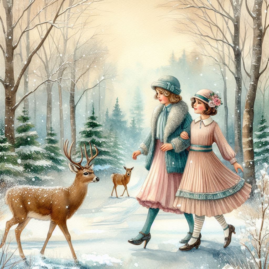 Vintage winter illustration of a woman and girl walking in snow near deer in a forest