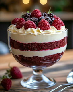 Layered trifle dessert with berries and cream in glass pedestal bowl