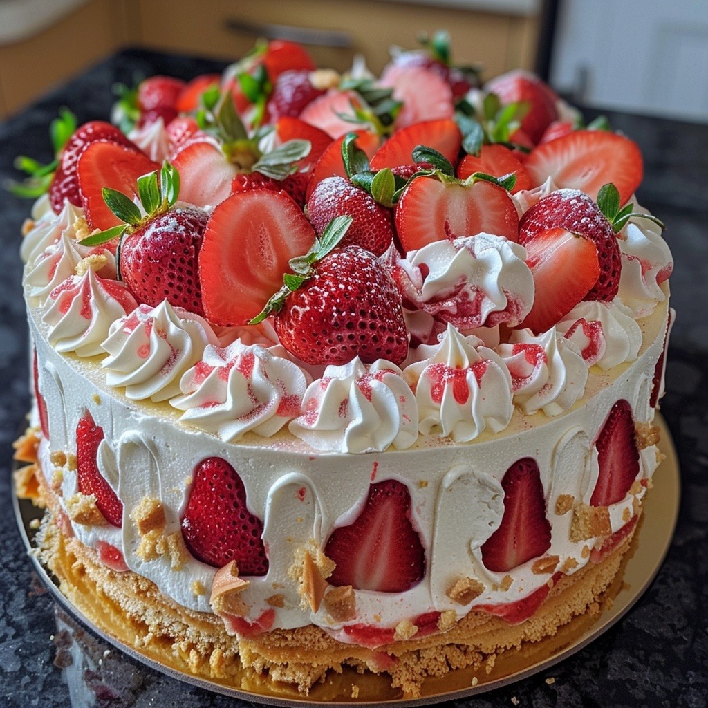 Close-up of a cream cake decorated with fresh strawberries and piped frosting