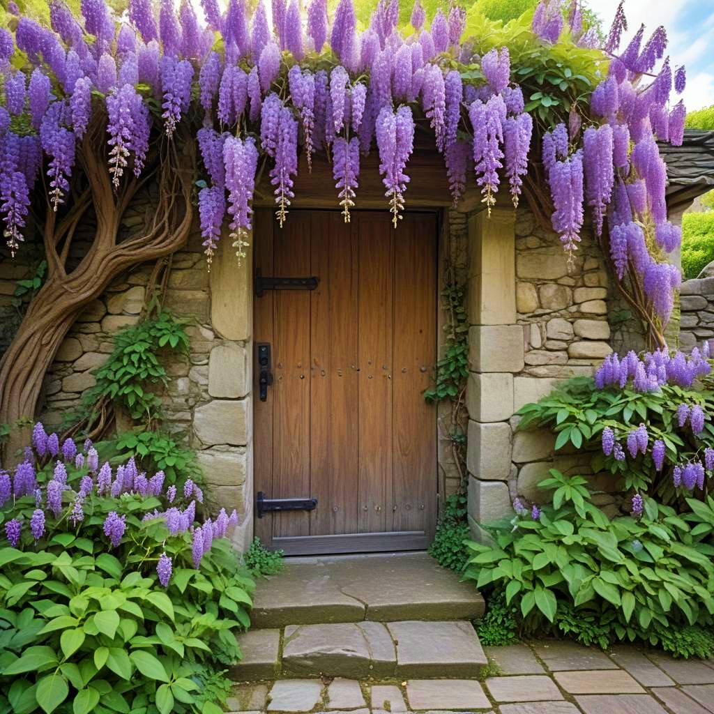 Rustic wooden door surrounded by purple wisteria blooms and stone cottage walls with garden pathway