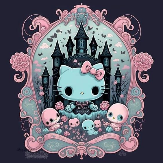 Gothic cartoon cat in decorative frame with dark castle and skulls