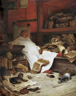 Oil painting of elderly scholar sleeping at desk with books and dogs resting on floor in warm-toned interior