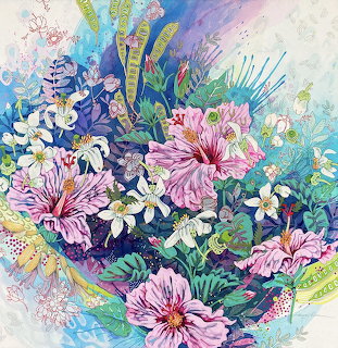 Colorful tropical flower painting with pink hibiscus and white plumeria blooms surrounded by green and blue foliage