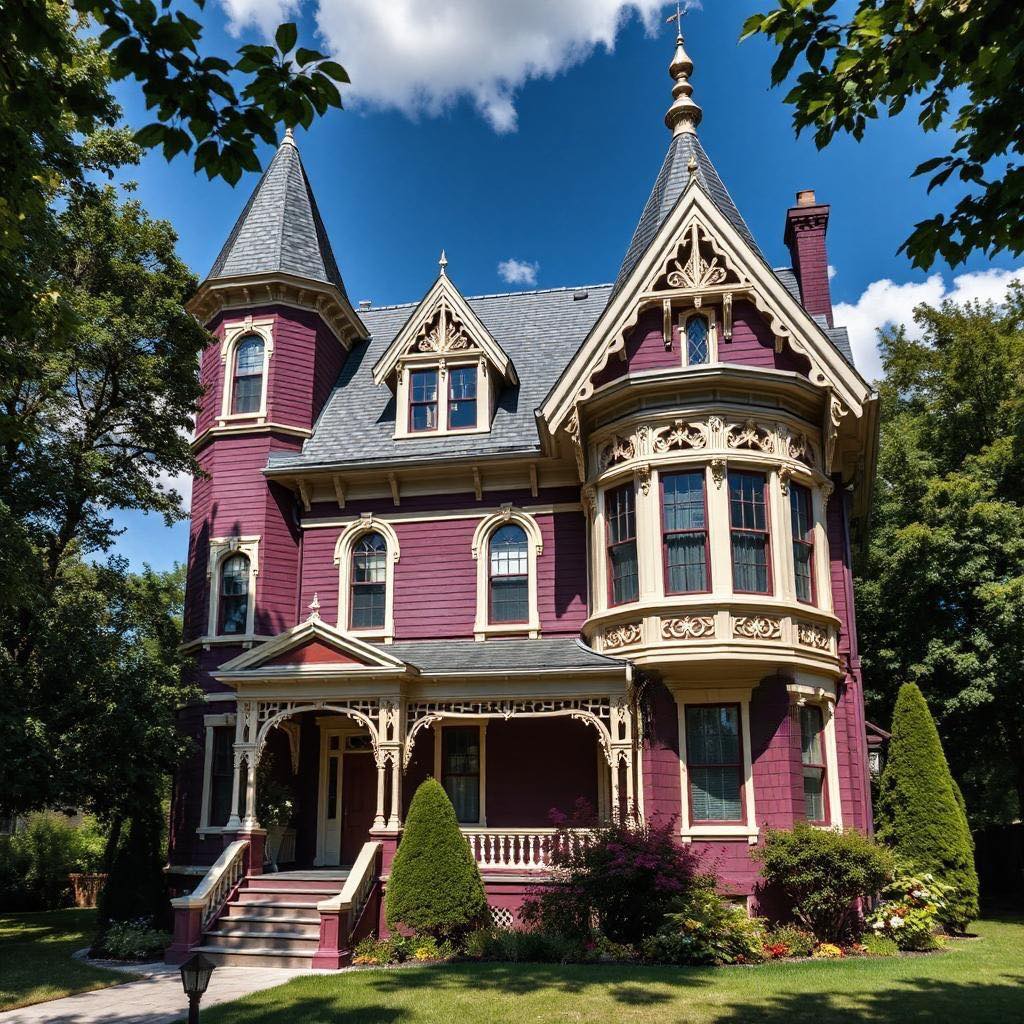 Pink Victorian house with turret and ornate details on sunny lawn