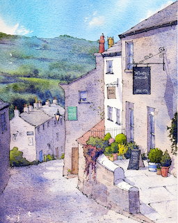 Watercolor of Haworth village street with stone houses and distant hills