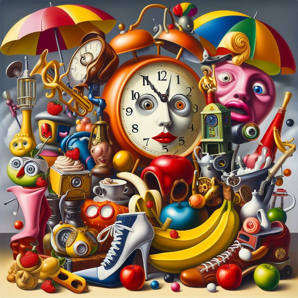 Surreal collage of colorful toys, clock face, umbrellas, and retro objects arranged in chaotic composition