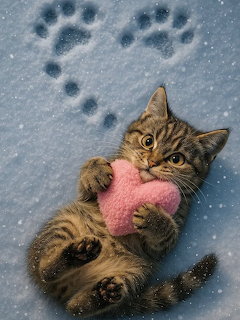 Tabby kitten in snow holding pink heart with paw prints above