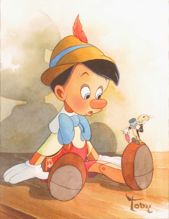 Watercolor illustration of Pinocchio sitting with Jiminy Cricket beside him
